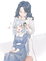  2girls :d adjusting_another's_hair age_difference aged_down bang_dream! bang_dream!_it's_mygo!!!!! blue_dress blue_hair blue_sash blush child chinese_commentary closed_mouth collarbone collared_dress commentary_request cowboy_shot curly_sidelocks curtained_hair dot_nose downturned_eyes dress forehead green_ribbon grey_background hair_ribbon hands_on_lap heart highres long_sleeves looking_at_another looking_down loving_aura medium_hair mother_and_child mother_and_daughter multiple_girls on_stool orange_eyes parent_and_child peter_pan_collar ribbon sash sidelocks simple_background sitting smile stool three-quarter_sleeves togawa_mizuho togawa_sakiko twitter_username two_side_up waist_sash white_background white_dress white_sash yellow_eyes yukikuma_(yukikuma_018) 