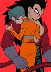  1boy 1girl black_hair body_fur bulma couple denim dragon_ball dragon_ball_gt highres how_to_open hug husband_and_wife jeans long_hair monkey_boy monkey_tail muscular no_nipples pants red_fur saiyan spiky_hair super_saiyan super_saiyan_4 tail vegeta 