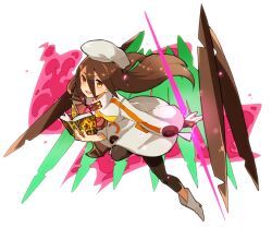  1girl book boots brown_hair coat commentary_request floating_hair full_body hair_between_eyes haruyasai_(sanbunno) hat holding holding_book leggings long_hair_between_eyes mechanical_wings official_alternate_color open_book open_mouth sekaiju_no_meikyuu sekaiju_no_meikyuu_3 smile solo star_(symbol) white_boots white_coat white_hat wings yellow_eyes zodiac_(sekaiju) zodiac_2_(sekaiju) 