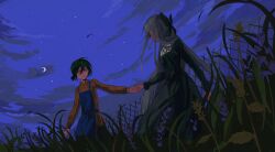  2girls apron black_bow black_dress black_hair blue_apron bow brown_shirt clouds cloudy_sky commentary crescent_moon dangoiz dress english_commentary fence grass grey_hair hair_between_eyes hair_bow highres holding_hands juliet_sleeves long_hair long_sleeves mole mole_on_cheek moon multiple_girls night orange_eyes original outdoors ponytail puffy_sleeves shirt short_ponytail sky smile star_(sky) starry_sky 