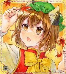  1girl adversarial_noise alto2019 animal_ear_fluff animal_ear_piercing animal_ears autumn_leaves blush bow bowtie brown_eyes brown_hair cat_ears chen commentary_request earrings falling_leaves fang green_hat hat holding holding_leaf hoop_earrings jewelry leaf long_sleeves maple_leaf marker_(medium) mob_cap open_mouth red_vest shirt short_hair single_earring solo touhou traditional_media upper_body vest white_shirt yellow_bow yellow_bowtie 