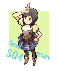  1girl anniversary arm_up armor belt belt_buckle black_hair blue_eyes blue_skirt boots breastplate bright_pupils brown_belt brown_boots brown_pantyhose buckle closed_mouth commentary_request from_above full_body haruyasai_(sanbunno) pantyhose plaid_clothes plaid_skirt puffy_short_sleeves puffy_sleeves sekaiju_no_meikyuu sekaiju_no_meikyuu_4 short_hair short_sleeves skirt smile solo standing swordsman_(sekaiju_4) swordsman_2_(sekaiju_4) white_pupils 