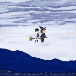  1boy 1girl antenna_hair black_eyes black_hair black_hat black_socks black_tank_top braid broom broom_riding brown_hair closed_eyes closed_mouth clouds cloudy_sky collarbone colored_skin day double-parted_bangs hair_between_eyes hat highres long_sleeves low_twin_braids madotsuki morango_cecill omori omori_(omori) outdoors overcast short_hair shorts sky socks striped_clothes striped_shorts tank_top twin_braids vertical-striped_clothes vertical-striped_shorts white_shorts white_skin witch yume_nikki 