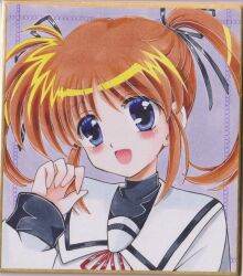 1girl black_ribbon blue_eyes blush brown_hair chikoto_(kztc4472) commentary_request hair_ribbon highres long_sleeves looking_at_viewer lyrical_nanoha mahou_shoujo_lyrical_nanoha open_mouth red_ribbon ribbon sailor_collar school_uniform seishou_elementary_school_uniform shikishi solo takamachi_nanoha traditional_media twintails white_sailor_collar