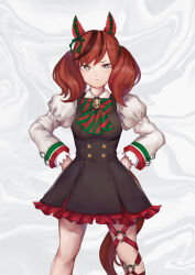  1girl absurdres animal_ears black_dress blush bow bowtie brown_eyes brown_hair closed_mouth diagonal-striped_bow dress ear_bow ear_covers ear_ribbon green_bow green_bowtie highres horse_ears horse_girl horse_tail juliet_sleeves long_sleeves looking_at_viewer medium_hair mentai0127 multicolored_hair nice_nature_(poinsettia_ribbon)_(umamusume) nice_nature_(umamusume) o-ring o-ring_thigh_strap pinafore_dress puffy_sleeves shirt sleeveless sleeveless_dress solo streaked_hair striped_bow striped_bowtie striped_clothes tail thigh_strap twintails umamusume 