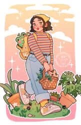  1girl absurdres artist_logo artist_name backpack bag bandana basket border brown_eyes brown_hair cheumi clouds commentary denim dog english_commentary fat flower foliage frog full_body gradient_sky grass highres holding holding_basket jeans logo long_sleeves monstera_deliciosa on_ground original outdoors pants plant potted_plant rock shirt shoes short_hair sky sneakers socks solo sparkle striped_clothes striped_shirt susuwatari wavy_hair white_border white_shoes yellow_bandana 