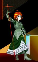  1girl absurdres ahoge altar armor armored_boots blue_eyes boots braid braided_ponytail christ-chan christianity church cross cross_print dress flower full_body gauntlets green_dress hair_ornament hairclip hand_on_table highres holding holding_cross joan_of_arc kingdom_of_jerusalem_flag_print latin_cross lily_(flower) looking_ahead original red_hair robe shadow shoulder_armor standing zarcotauomega 