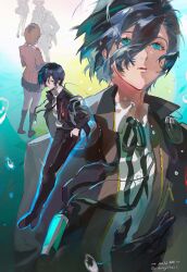  2boys 2girls absurdres black_gloves black_jacket black_pants black_skirt black_socks blue_eyes blue_hair bow bowtie brown_hair cardigan commentary digital_walkman earphones_removed gekkoukan_high_school_uniform gloves hair_between_eyes hand_in_pocket highres iori_junpei jacket kneehighs mp3_player multiple_boys multiple_girls muyihui neck_ribbon open_clothes open_jacket pants persona persona_3 persona_3_reload pink_cardigan pleated_skirt red_bow red_bowtie ribbed_cardigan ribbon school_uniform shirt short_hair skirt socks standing takeba_yukari twitter_username untranslatable_commentary white_shirt yamagishi_fuuka yuuki_makoto_(persona_3) 