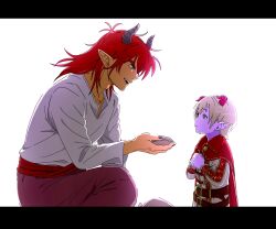  2boys :d absurdres aged_down azbar_(dragon_quest) belt black_border black_horns black_nails blonde_hair blue_eyes border brown_belt cape child colored_skin crying crying_with_eyes_open dark-skinned_male dark_skin demon_boy dragon_quest dragon_quest_x facial_hair fingernails highres holding horns letterboxed long_hair looking_at_another male_focus multiple_boys nanamono_0414 on_one_knee open_mouth pants pointy_ears profile purple_skin red_cape red_hair red_horns red_pants red_sash sash shirt short_hair smile stubble tears teeth upper_teeth_only white_background white_shirt yellow_eyes yushuka_(dragon_quest) 