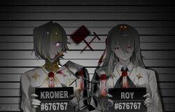  1boy 1girl 67_(meme) armor artist_name aur0ra_8787 blood blood_on_clothes blood_on_face character_name commentary highres kromer_(project_moon) limbus_company meme original project_moon tagme trap untranslatable_commentary wax_seal 