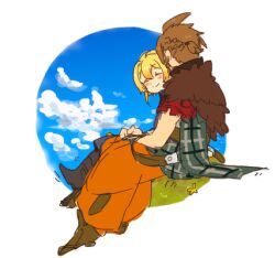 1boy 1girl blonde_hair boots braid brown_boots brown_hair capelet closed_eyes clouds commentary_request frederica_irving_(sekaiju) full_body fur_capelet grass hair_between_eyes haruyasai_(sanbunno) highlander_(sekaiju) light_blush lowres outdoors plaid_clothes sekaiju_no_meikyuu shin_sekaiju_no_meikyuu short_hair sitting smile split_mouth white_background 