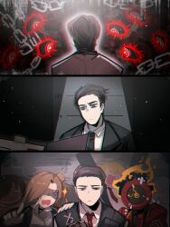  1other 2boys 2girls absurdres black_hair black_jacket black_necktie black_vest blonde_hair brown_hair chain clock coat collared_shirt commentary dante_(limbus_company) don_quixote_(project_moon) fire green_eyes heathcliff_(project_moon) highres jacket limbus_company long_hair meursault_(project_moon) momoatls multiple_boys multiple_girls necktie object_head project_moon red_coat red_necktie rodio rodion_(project_moon) shirt very_long_hair vest white_shirt 