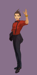  1boy ace_attorney antenna_hair apollo_justice apollo_justice:_ace_attorney black_bow black_bowtie black_pants bow bowtie bracelet brown_eyes brown_hair formal_clothes fuse_takuro gold_bracelet highres jacket jewelry male_focus nuri_kazuya official_art pants red_shirt second-party_source shirt short_hair smile unworn_jacket 