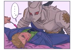  1boy 1other 4rmy_t8 belt belt_buckle blonde_hair blush buckle cat_teaser collared_shirt colored_sclera diamond_wa_kudakenai green_shirt highres holding holding_cat_teaser jojo_no_kimyou_na_bouken killer_queen kira_yoshikage looking_at_another lying male_focus necktie on_back outside_border pink_background purple_suit red_sclera shirt short_hair speech_bubble stand_(jojo) suit upper_body violet_eyes 