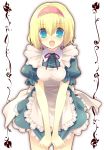  alice_margatroid bad_id blonde_hair blue_eyes blush covering covering_crotch hairband highres maid open_mouth short_hair solo tokira_nozumi touhou v_arms 
