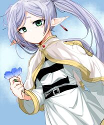  1girl :/ absurdres belt belt_buckle black_belt blue_flower buckle capelet closed_mouth clouds commentary_request cowboy_shot day dress dutch_angle earrings elf expressionless floating_earrings flower frieren gold_trim green_eyes grey_hair highres holding holding_flower jewelry korean_commentary long_hair long_sleeves looking_at_viewer outdoors parted_bangs pointy_ears sidelocks solo sousou_no_frieren standing teardrop_earrings ting_mong twintails white_capelet white_dress 