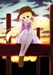  alternate_hairstyle blonde_hair blue_eyes evening fuyuno_taka hair_ribbon hat highres legs long_hair moriya_suwako ribbon shoe_dangle shoes sitting skirt smile solo thighhighs touhou white_legwear 