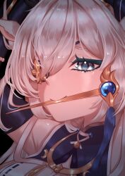  1girl absurdres animal_ears antler_ring antlers armpits arms_up black_background black_gloves black_horns blue_eyes blue_gem blue_kimono breast_curtains chadraws_art commentary crescent deer_antlers deer_ears deer_girl elbow_gloves english_commentary eyepatch flower_eyepatch flower_in_eye gem gloves hair_between_eyes hair_ornament hair_stick hakushika_iori hakushika_iori_(greed) highres horns japanese_clothes jewelry kimono necklace official_alternate_costume official_alternate_hairstyle one_eye_covered phase_connect plastron_(necklace) portrait raised_inner_eyebrows seven_deadly_sins simple_background sleeveless sleeveless_kimono solo symbol_in_eye tassel virtual_youtuber white_hair 