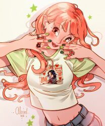  1girl alasxegalei artist_name black_nails blush character_print closed_mouth clothes_writing commentary cowboy_shot crew_neck crop_top dated denim ear_piercing earrings english_commentary english_text fingernails green_necktie green_sleeves hands_up highres implied_yuri jewelry kininatteru_hito_ga_otoko_ja_nakatta koga_mitsuki long_hair looking_at_viewer midriff multicolored_nails multiple_rings nail_polish navel necktie oosawa_aya piercing pink_eyes pink_hair print_shirt raglan_sleeves red_lips ring shirt short_sleeves simple_background smile solo star_(symbol) t-shirt white_background white_shirt 