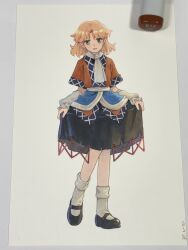  1girl arm_warmers art_tools_in_frame black_shoes blonde_hair brown_shirt commentary_request green_eyes highres holding_own_skirt looking_at_viewer mary_janes mizuhashi_parsee open_mouth photo_(medium) pointy_ears sash scarf shiratama_(hockey) shirt shoes smile socks solo touhou traditional_media waist_sash white_sash white_scarf white_socks 