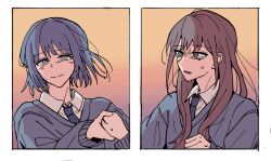  2girls bang_dream! bang_dream!_our_notes blue_hair blue_necktie brown_hair cardigan closed_mouth commentary crying crying_with_eyes_open grey_cardigan hamasaki_mahoro highres holding_hands kotohira_nagi long_hair minase_school_uniform multiple_girls necktie open_mouth school_uniform short_hair tears toto_rabpit3 