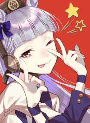  1girl absurdres animal_ears blunt_bangs blush bow brown_hat closed_mouth double_v ear_bow gold_ship_(umamusume) grey_hair hat highres horse_ears horse_girl jacket long_hair looking_at_viewer one_eye_closed pillbox_hat smile solo star_(symbol) starting_future_(umamusume) tongue tongue_out tsuki_no_minato umamusume upper_body v violet_eyes white_jacket wristband 