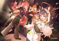  3girls :d asymmetrical_clothes bad_source black_boots black_gloves black_hat black_jacket blunt_bangs boots center-flap_bangs collared_shirt colored_inner_hair cowboy_hat criss-cross_halter crop_top feathers gloves gradient_hair green_feathers green_hair halterneck happyongdal hat hololive hololive_english holomyth hood hood_up hoodie jacket jacket_on_shoulders leggings legs_apart long_hair midriff mori_calliope multicolored_hair multiple_girls navel ninomae_ina'nis official_art open_mouth orange_hair pants pantyhose pink_eyes pink_hair purple_hair purple_leggings purple_pants purple_pantyhose purple_vest reaching reaching_towards_viewer shirt shoes sidelocks single_glove single_leg_pantyhose single_pantsleg smile sneakers standing takanashi_kiara tentacle_hair vest violet_eyes virtual_youtuber white_hoodie white_shirt white_shoes 