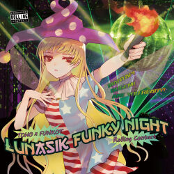  1girl album_cover album_name american_flag american_flag_dress american_flag_print blonde_hair circle_name clownpiece commentary_request cover disco_ball dress english_text fairy fairy_wings flag_print hat highres holding holding_torch jester_cap kagurazaka_iroha long_hair looking_at_viewer neck_ruff pantyhose polka_dot_headwear purple_hat red_eyes rolling_contact second-party_source short_sleeves solo star_(symbol) star_print striped_clothes striped_dress striped_pantyhose torch touhou very_long_hair wings 