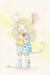  1girl animal_ears blonde_hair blush cheese commentary_request food highres long_hair mouse_ears mouse_girl mouse_tail original sato_(osappun) solo tail 