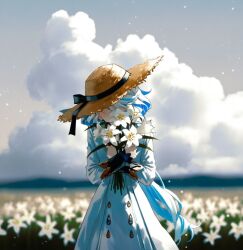  1girl absurdres ai-generated clouds dress field flower flower_field furina_(genshin_impact) genshin_impact gloves hat highres holding holding_flower ribbon sun_hat webcore 