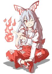  1girl arm_garter armband baggy_pants blush boots bow collared_shirt commentary_request fire footwear_bow fujiwara_no_mokou full_body grin hair_between_eyes hair_bow hair_ribbon highres indian_style inuno_rakugaki juliet_sleeves long_hair long_sleeves looking_at_viewer ofuda one_eye_closed outstretched_arm pants pointing pointing_at_viewer puffy_sleeves pyrokinesis red_bow red_eyes red_pants ribbon shadow shirt shoes sidelocks simple_background sitting smile solo suspenders teeth touhou tress_ribbon v-shaped_eyebrows very_long_hair white_background white_bow white_hair white_shirt 