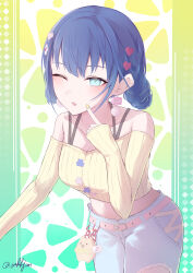  1girl absurdres belt blue_eyes blue_hair blue_pants breasts chase_my_ideal_idol!_(project_sekai) collarbone commentary cowboy_shot crop_top cropped_sweater dot_nose double_bun earrings envelope_earrings finger_to_cheek hair_bun hair_ornament hand_up heart heart_hair_ornament highres index_finger_raised jewelry kiritani_haruka leaning_forward lemon_melon_cookie_(vocaloid) long_sleeves looking_at_viewer medium_breasts midriff navel oekkjan off-shoulder_sweater off_shoulder official_alternate_costume official_alternate_hairstyle one_eye_closed pants parted_lips pink_belt pixel_heart pom_pom_(clothes) pom_pom_earrings project_sekai ribbed_sweater short_hair sidelocks sleeves_past_wrists solo sweater torn_clothes torn_pants twitter_username untranslatable_commentary yellow_nails yellow_sweater 