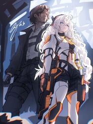  1boy 1girl beard_stubble black_coat black_gloves black_pants black_shorts blue_eyes bodysuit breasts brown_hair coat commentary english_commentary facial_hair gloves gun highres holding holding_gun holding_weapon honkai_(series) honkai_impact_3rd jacket kiana_kaslana kiana_kaslana_(white_comet) long_hair medium_breasts pants red_eyes sam_winchester shirt short_hair short_shorts shorts stubble supernatural_(tv_series) very_long_hair weapon white_bodysuit white_hair white_jacket white_shirt woomy_123 