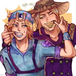  2boys arm_warmers beanie bling blonde_hair blue_arm_warmers blue_eyes blue_hoodie blue_lips brown_hat charlizerie cowboy_hat english_text eyelashes finger_in_another's_mouth goggles goggles_on_headwear green_eyes green_lips grill gyro_zeppeli hat highres hood hoodie horseshoe_hat_ornament horseshoe_ornament johnny_joestar jojo_no_kimyou_na_bouken lipstick long_hair looking_at_another makeup male_focus medium_hair multiple_boys purple_shirt shirt short_sleeves star_(symbol) steel_ball_run teeth upper_body 