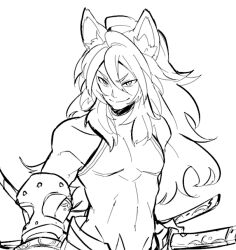  1boy animal_ear_fluff animal_ears closed_mouth collarbone commentary_request covered_navel covered_pectorals gauntlets hair_between_eyes haruyasai_(sanbunno) katana male_focus masurao_(sekaiju) masurao_1_(sekaiju) multiple_swords pectorals sekaiju_no_meikyuu sekaiju_no_meikyuu_5 simple_background sleeveless smile solo split_mouth sword upper_body weapon white_background 