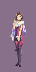  1girl ace_attorney bag brown_hair capelet choker dress formal_clothes fur-trimmed_capelet fur_trim fuse_takuro highres nuri_kazuya official_art pantyhose pink_dress purple_pantyhose second-party_source short_hair solo susato_mikotoba the_great_ace_attorney 