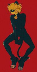  1boy animal_ears bell black_bodysuit black_gloves black_mask black_shoes blonde_hair blue_eyes bodysuit cat_boy cat_ears cat_tail chat_noir closed_mouth eye_mask fake_animal_ears fake_tail film_grain full_body gloves heavy_film_grain highres invisible_chair long_sleeves male_focus mask miraculous_ladybug neck_bell parted_bangs pikurusu profile red_background shoes short_hair sitting smile solo tail very_short_hair 