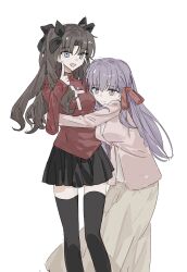  2girls black_ribbon black_skirt black_thighhighs blue_eyes brown_hair brown_skirt cross cross_print dongxunyu fate/stay_night fate_(series) hair_between_eyes hair_ribbon highres hug jacket long_skirt looking_at_viewer matou_sakura multiple_girls open_mouth parted_bangs pink_jacket pointing pointing_up purple_hair red_sweater ribbon siblings simple_background sisters skirt smile sweater thigh-highs tohsaka_rin twintails two_side_up violet_eyes white_background 