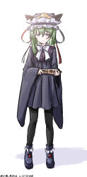  1girl absurdres alternate_costume artist_name asymmetrical_hair black_dress black_pantyhose blue_boots blue_eyes blue_hat boots bow bowtie breasts closed_mouth commentary_request dated dress frilled_hat frills green_hair hair_between_eyes hat highres long_sleeves looking_at_viewer medium_hair one-hour_drawing_challenge pantyhose rod_of_remorse shiki_eiki small_breasts solo touhou ve1024 white_bow white_bowtie wide_sleeves 