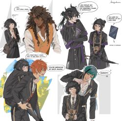  absurdres ace_trappola anajudraws animal_ears arm_on_another's_head black_capelet black_coat capelet carrying coat commentary dark-skinned_male dark_skin dragon_boy dragon_horns english_commentary english_text floyd_leech highres horns leona_kingscholar lion_boy lion_ears malleus_draconia night_raven_college_school_uniform piggyback school_uniform tablet_pc twisted_wonderland vest yuu_(twisted_wonderland) 