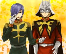  2boys artist_request belt black_cape blonde_hair blue_eyes cape char_aznable cowboy_shot epaulettes eye_mask garma_zabi gloves green_jacket gundam hair_over_one_eye helmet jacket male_focus mask military military_uniform mobile_suit_gundam multiple_boys open_mouth purple_hair red_jacket white_gloves white_helmet zeon 