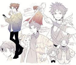  1boy 1girl ahoge animal_hat bartz_klauser bartz_klauser_(spirited_traveler) black_pantyhose black_shoes brown_hair cape cat_hat chibi chibi_inset circlet closed_eyes commentary_request cup disposable_cup dissidia_duellum_final_fantasy dissidia_final_fantasy drinking earrings final_fantasy final_fantasy_v hand_on_own_hip hat highres holding holding_cup holding_phone holding_quill holding_sword holding_weapon hood hood_down hoodie jacket_over_hoodie jcce3244 jewelry krile_mayer_baldesion_(ff5) krile_mayer_baldesion_(out_and_about)_(ff5) light_blush low_twintails multiple_views neckerchief official_alternate_costume open_mouth pantyhose parted_bangs phone plaid_clothes plaid_shirt quill red_cape shirt shoes short_hair sleeveless sleeveless_shirt smile sword twintails vest weapon white_background white_hoodie 