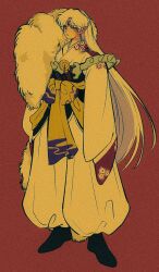  1boy armor bishounen black_shoes crescent crescent_facial_mark facial_mark film_grain full_body fur_trim green_eyes heavy_film_grain highres inuyasha japanese_clothes kimono layered_sleeves long_hair long_sleeves looking_to_the_side male_focus obi pauldrons pikurusu pointy_ears red_background sash sesshoumaru shoes shoulder_armor shoulder_spikes sideways_glance simple_background single_pauldron sleeves_past_wrists solo spikes standing very_long_hair white_hair 