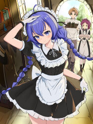  1boy 2girls absurdres ahoge aisha_greyrat alternate_costume apron ascot black_dress blonde_hair blue_eyes blue_hair blush bookshelf boots braid chinese_commentary closed_mouth collared_dress commentary_request cowboy_shot crossed_bangs daitaku_helios_(pixiv_101437067) dress enmaided frilled_dress frills full_body gloves green_eyes grey_boots grey_pants grey_sweater hair_between_eyes hand_up highres holding holding_tray indoors long_sleeves looking_at_another maid maid_apron maid_headdress multiple_girls mushoku_tensei pants red_hair roxy_migurdia rudeus_greyrat short_sleeves standing sweater tray twin_braids waist_ribbon white_apron white_ascot white_gloves white_headdress 