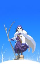  1girl ainu_clothes asirpa bare_tree black_hair blue_eyes blue_sky boots bow_(weapon) cape closed_mouth commentary_request full_body fur_boots fur_cape golden_kamuy highres holding holding_bow_(weapon) holding_weapon long_hair looking_ahead murata_miku sky solo standing tree weapon white_cape wide_shot 