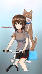 1girl bicycle black_shorts blue_collar brown_eyes brown_hair collar dog girls_und_panzer grey_shirt highres nishizumi_family_dog nishizumi_maho on_bicycle one-hour_drawing_challenge redbaron riding riding_bicycle shiba_inu shirt short_hair short_sleeves shorts simple_background single_vertical_stripe smile twitter_username