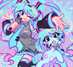  :d ;d animal animalization aqua_background aqua_eyes aqua_hair aqua_nails aqua_necktie aqua_trim black_skirt black_sleeves black_thighhighs blue_fur blush_stickers character_counter_request collared_shirt cute detached_sleeves female female_only girl grey_shirt hatsune_miku holding holding_microphone horse long_hair microphone multicolored_hair my_little_pony nail_polish ocean_hairuuu one_eye_closed open_mouth pink_hair pony_(animal) shirt single_blush_sticker skirt style_parody thigh-highs twintails two-tone_hair very_long_hair vocaloid 