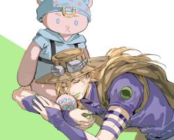  1boy beanie blonde_hair blue_hoodie bridal_gauntlets brown_cape cape closed_eyes commentary cosplay cowboy_hat eyelashes goggles goggles_on_headwear green_lips green_nails gyro_zeppeli hand_on_own_arm hat highres holding holding_stuffed_toy hood hood_down hoodie horseshoe_hat_ornament horseshoe_ornament johnny_joestar johnny_joestar_(cosplay) jojo_no_kimyou_na_bouken large_teddy_bear long_hair male_focus nail_polish purple_bridal_gauntlets purple_shirt shirt short_sleeves solo star_(symbol) steel_ball_run stuffed_animal stuffed_toy teddy_bear two-tone_background upper_body xing_wei_(likin000) 