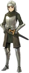  1boy ake_(tate_no_yuusha_no_nariagari) armor armored_boots artist_request black_gloves black_pants boots breastplate brown_eyes brown_hair full_body game_asset gloves green_tunic grey_armor grey_boots helmet highres knight looking_at_viewer male_focus official_art pants pinstripe_tunic scabbard sheath sheathed short_hair simple_background smile solo sword tate_no_yuusha_no_nariagari tate_no_yuusha_no_nariagari_rise transparent_background tunic vambraces weapon 