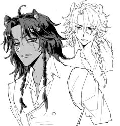  1boy 7skk animal_ears braid commentary_request leona_kingscholar lion_boy lion_ears long_hair looking_at_viewer male_focus multiple_views scar scar_across_eye scar_on_face twin_braids twisted_wonderland upper_body vest white_background 